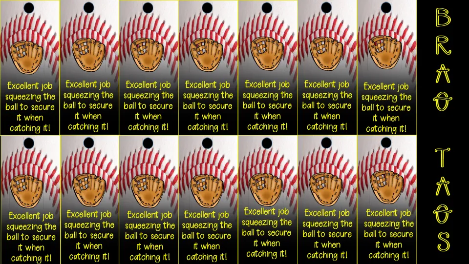 Catching cue tags in color: 14 glove tags reading 'Excellent job squeezing the ball to secure it when catching it!'