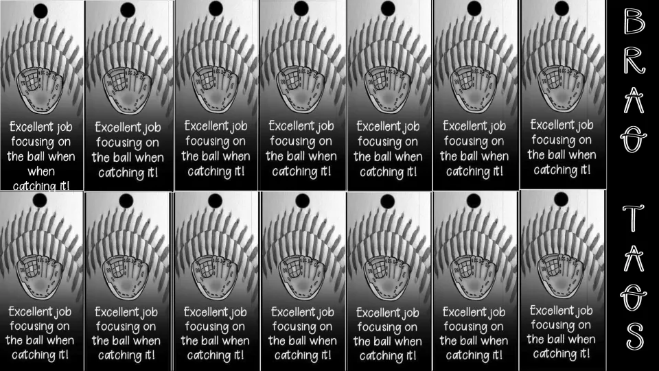 Black-and-white catching tags: 14 glove tags praising students for focusing on the ball when catching it