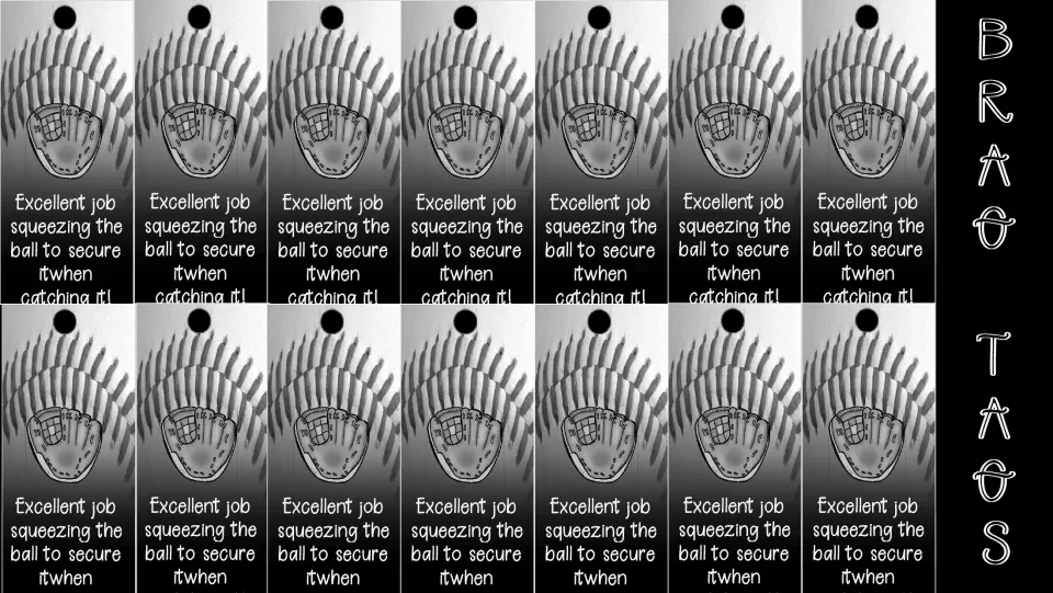Black-and-white catching tags: 14 tags on squeezing the ball to secure it, with 'itwhen' typo and bottom text cut off
