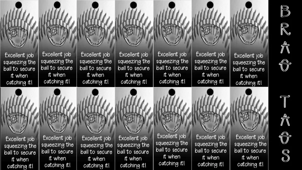 Black-and-white catching tags: 14 glove tags reading 'Excellent job squeezing the ball to secure it when catching it!'