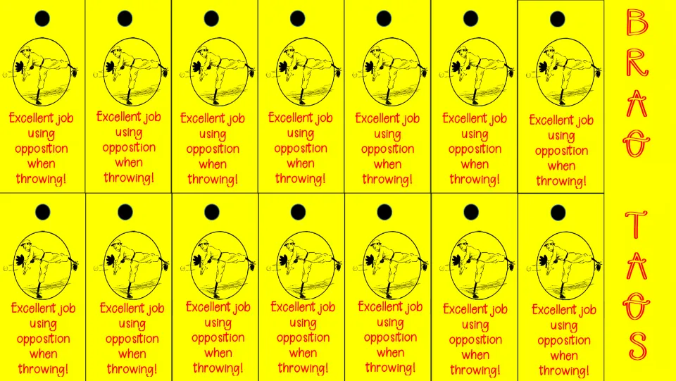 Overhand throw brag tags: 14 color copies saying, “Excellent job using opposition when throwing!”