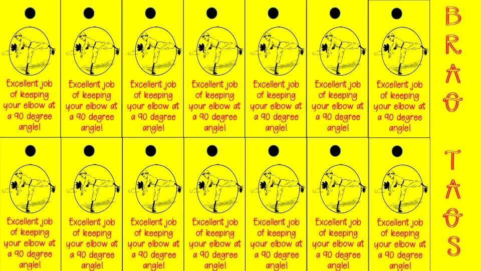 Overhand throw brag tags: 14 color copies praising students for keeping their elbow at a 90-degree angle.