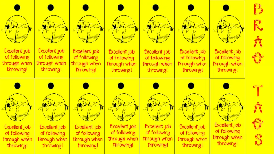 Overhand throw brag tags: 14 color copies saying, “Excellent job of following through when throwing!”