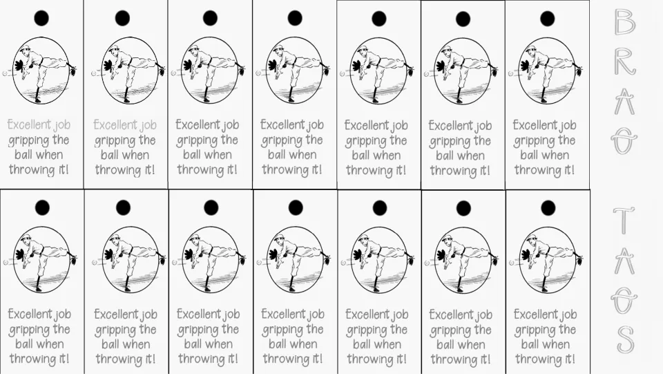 Overhand throw brag tags: 14 black-and-white copies praising students for gripping the ball when throwing it.