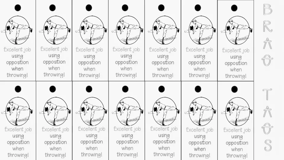 Overhand throw brag tags: 14 black-and-white copies saying, “Excellent job using opposition when throwing!”