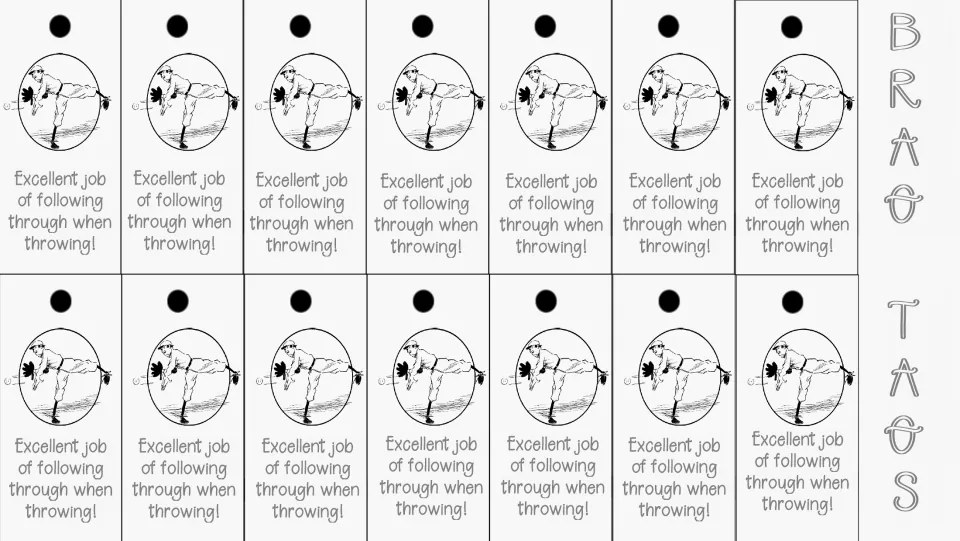 Overhand throw brag tags: 14 black-and-white copies saying, “Excellent job of following through when throwing!”
