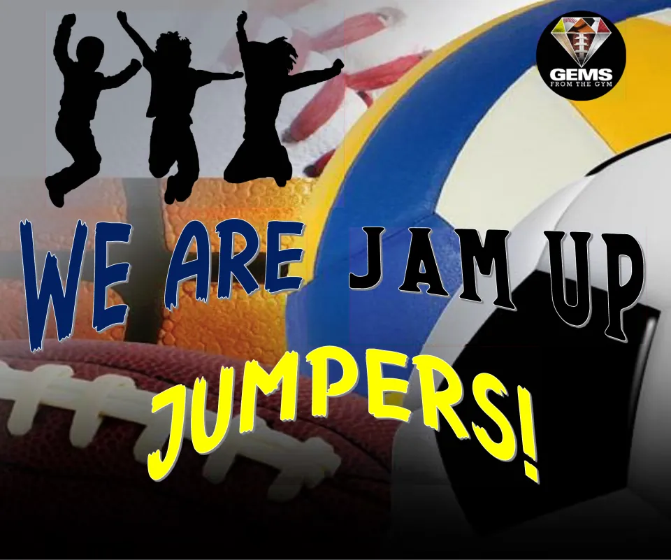 Physical education door badge featuring the statement, 'We are jam up jumpers!' and jumping figures