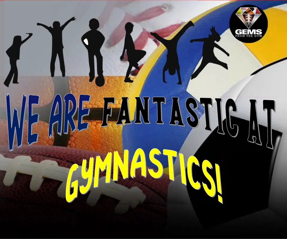 Physical education door badge stating, 'We are fantastic at gymnastics!' with figures in movement poses