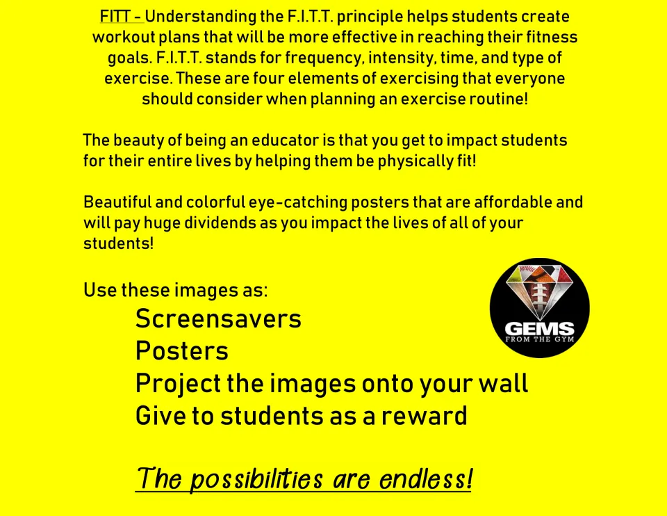 FITT principle overview: defines frequency, intensity, time and type, and lists uses as screensavers, posters or rewards