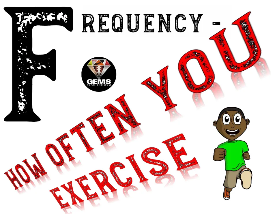 Frequency poster, white version: large F with the phrase How Often You Exercise and a cartoon boy running in a green shirt
