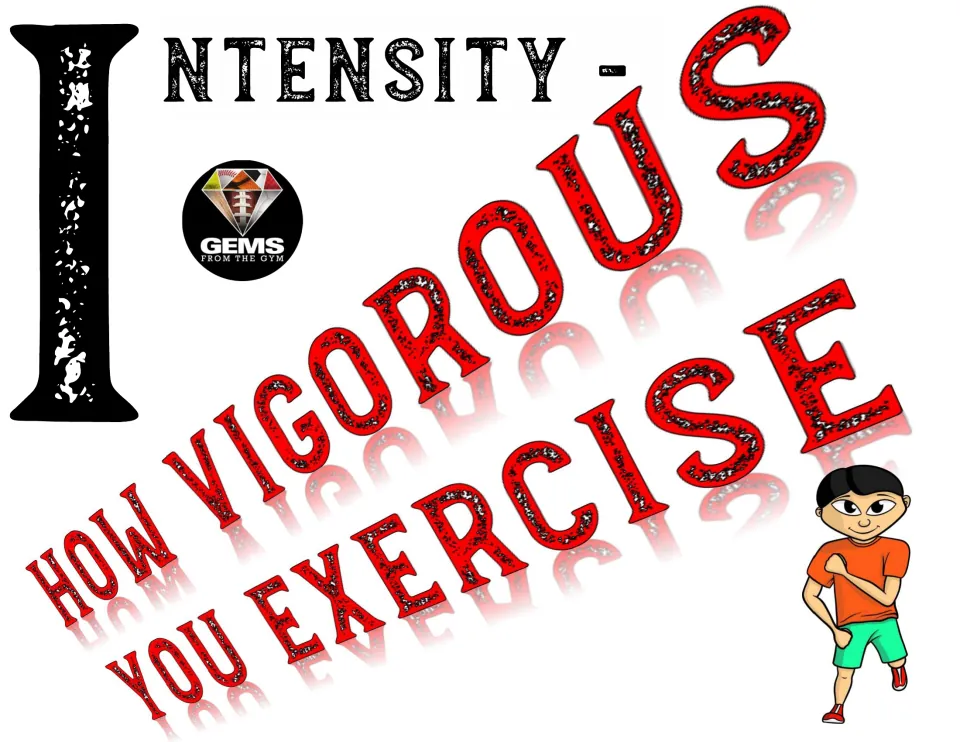 Intensity poster, white version: large I with the phrase How Vigorous You Exercise beside a cartoon boy in an orange shirt