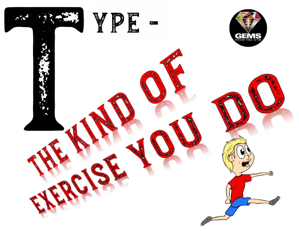 Type poster, white version: large T with the phrase The Kind of Exercise You Do and a blond cartoon boy sprinting
