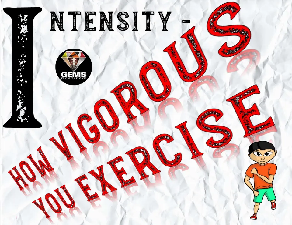 Intensity poster on crumpled paper background: How Vigorous You Exercise, with a cartoon boy in orange and green