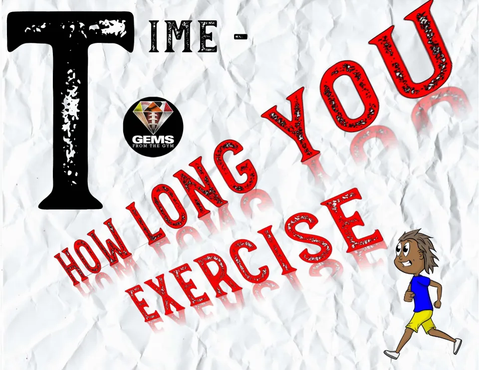 Time poster on crumpled paper background: How Long You Exercise, with a cartoon runner in blue shirt and yellow shorts