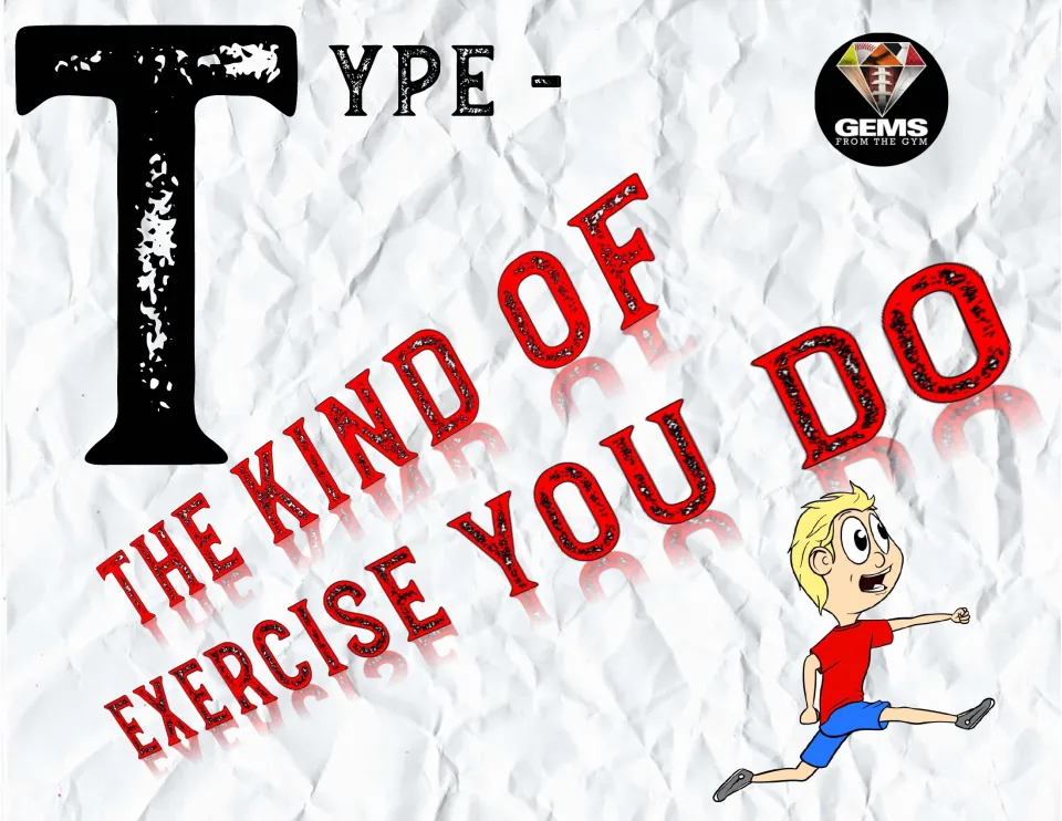 Type poster on crumpled paper background: The Kind of Exercise You Do, with a blond cartoon boy in red mid-stride