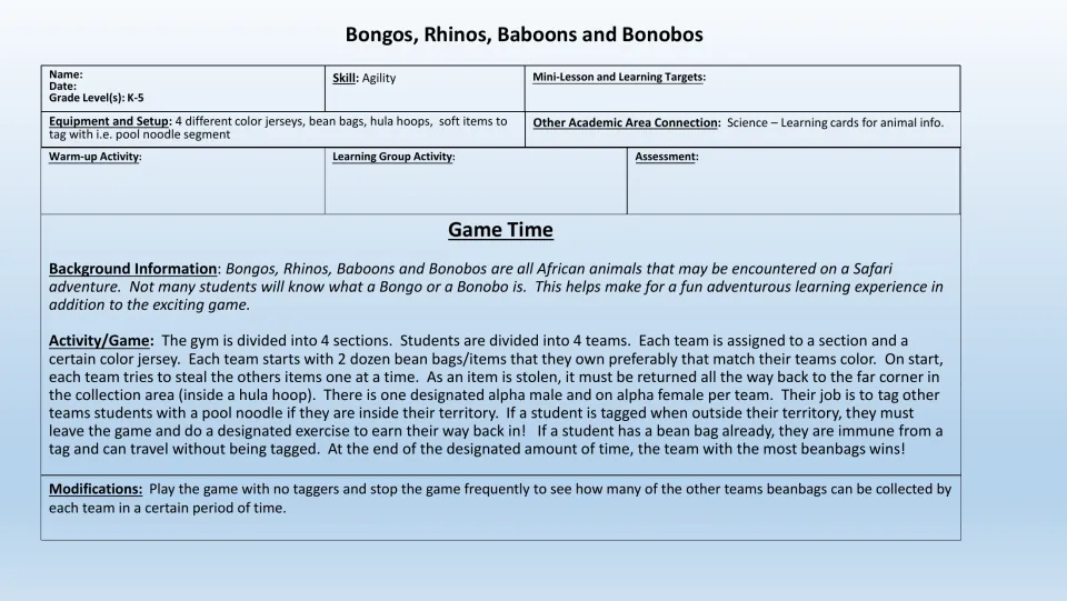 PE game lesson plan for four teams collecting beanbags, with agility rules, equipment, and modifications