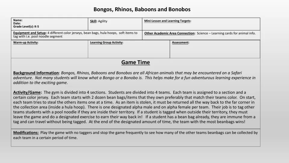 Grayscale PE game lesson plan with four-team beanbag collection rules, equipment, and a no-tagger option