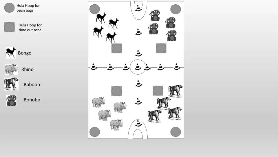 Grayscale gym setup diagram showing bongo, rhino, baboon, and bonobo teams with beanbag and time-out hoops