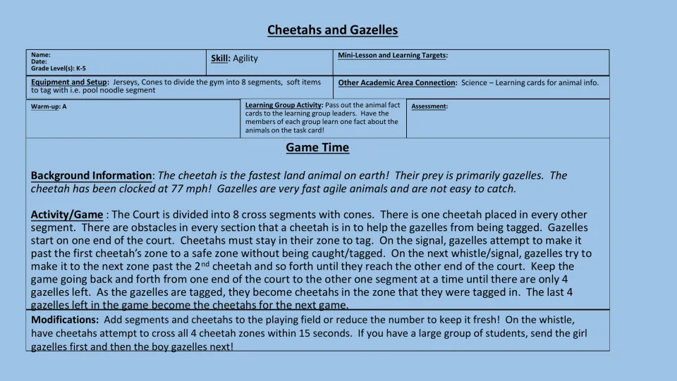 Cheetahs and Gazelles agility lesson plan: setup with cones and pool noodles, tag rules, and a 15-second modification
