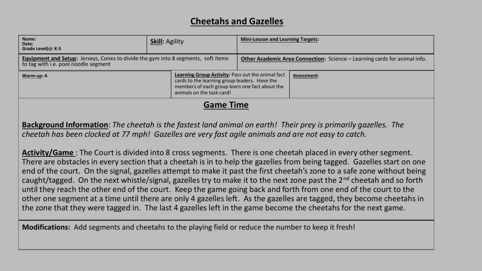 Grayscale agility lesson plan for cheetah and gazelle tag: equipment, background facts, game rules and modifications