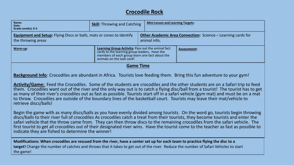 Crocodile Rock lesson plan: tourists on gym mats throw discs or balls to crocodiles, who join the mat once they catch one