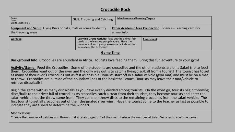 Grayscale game plan for feeding the crocodiles: throwing and catching rules, equipment, background and two modifications