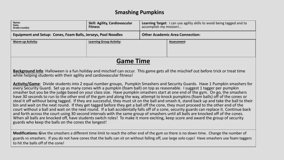 Black-and-white game plan for agility tag: smashers have 30 seconds to cross the gym and knock balls off cones
