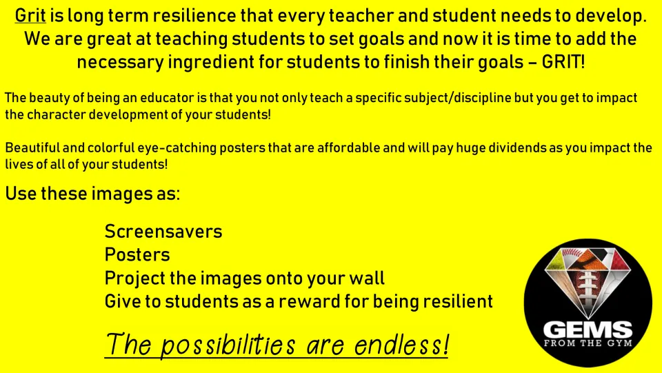 Grit poster pack introduction defines grit as long-term resilience and lists display and student reward uses.