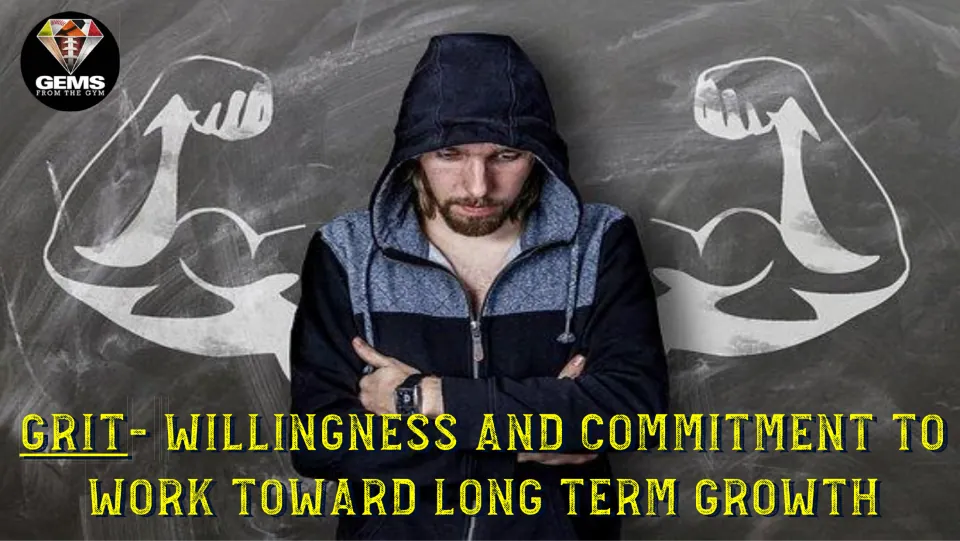 Grit definition poster featuring a hooded man: willingness and commitment to work toward long-term growth.