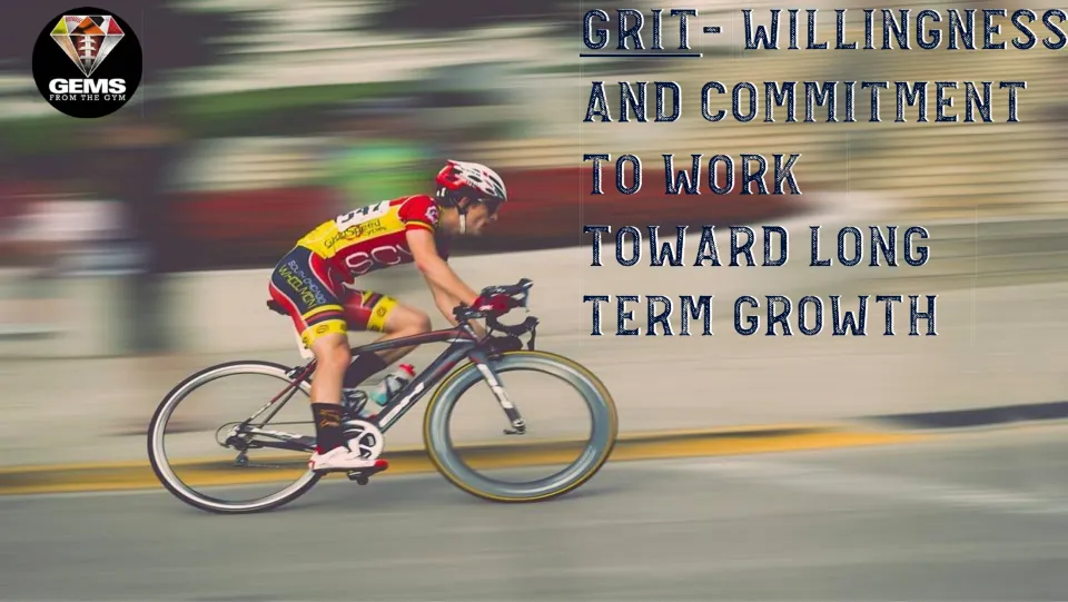 Grit definition poster featuring a cyclist: willingness and commitment to work toward long-term growth.