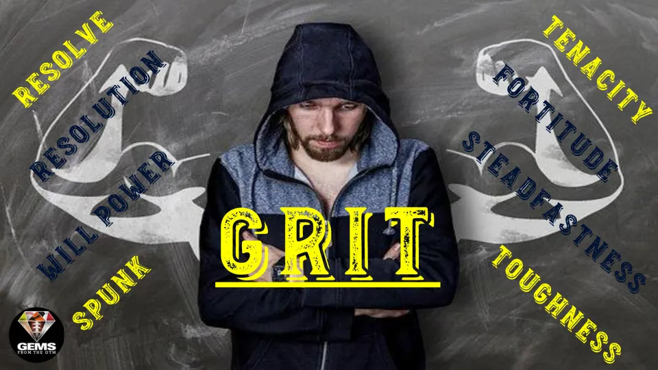 Grit character-trait poster featuring a hooded man: resolve, resolution, will power, spunk, and four more.