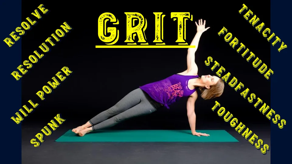 Grit character-trait poster featuring a side plank: resolve, resolution, will power, spunk, and four more.
