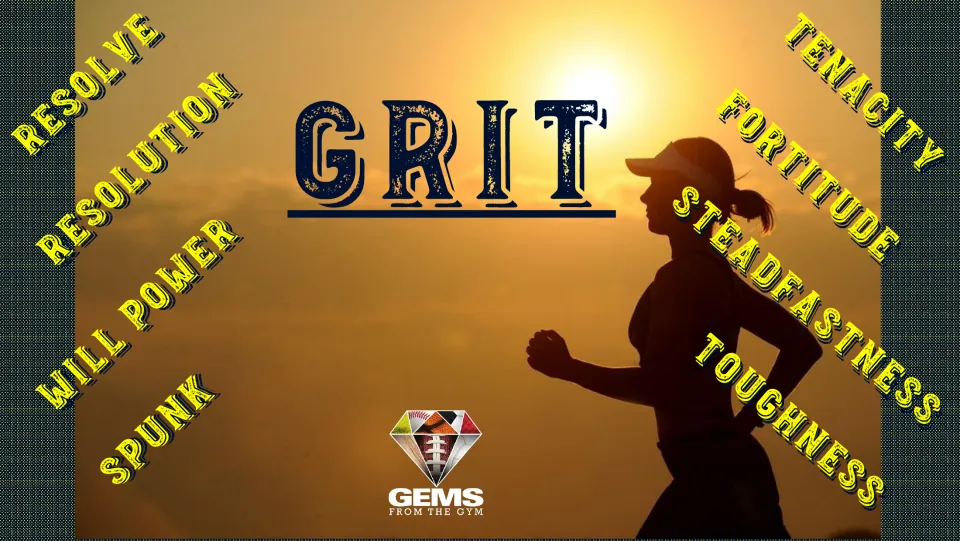 Grit character-trait poster featuring a runner: resolve, resolution, will power, spunk, and four more.
