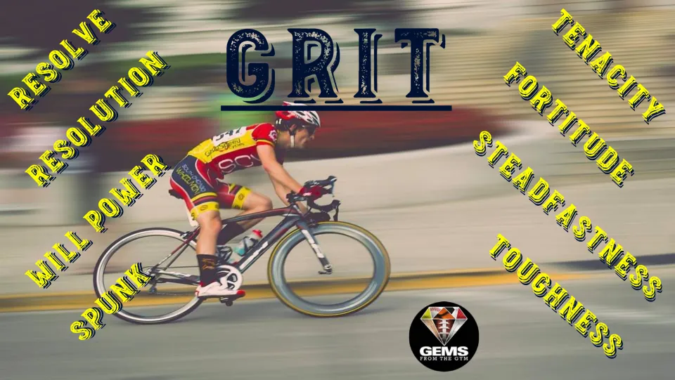 Grit character-trait poster featuring a cyclist: resolve, resolution, will power, spunk, and four more.