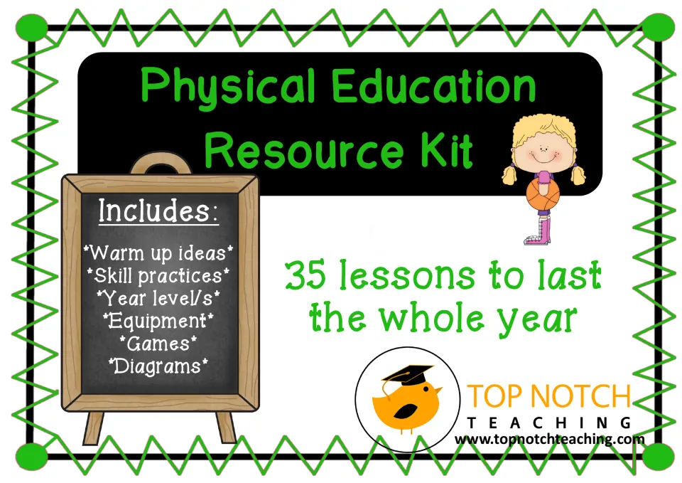 Physical Education Resource Kit cover advertising 35 lessons with warm-ups, skill practice, games, and diagrams