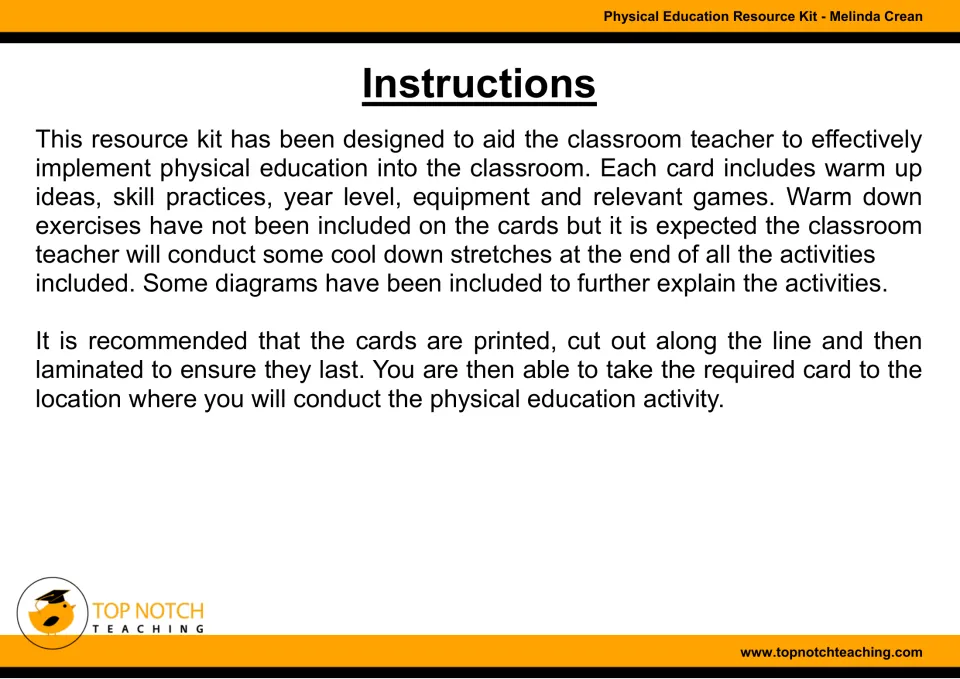 Kit instructions explain lesson card contents, teacher-led cool-down stretches, and printing and laminating
