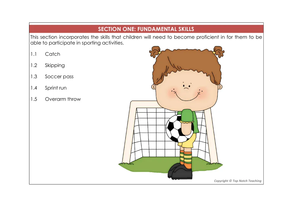 Fundamental skills section introduction lists catch, skipping, soccer pass, sprint run, and overarm throw