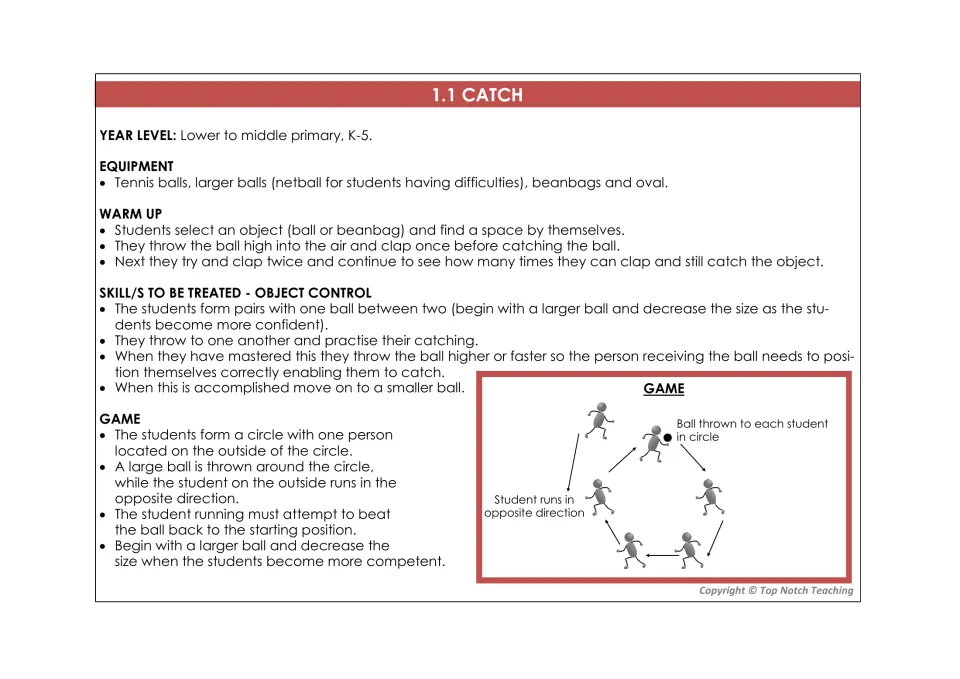 Catch lesson card includes toss-and-clap warm-ups, partner catching practice, and a circle ball-passing game
