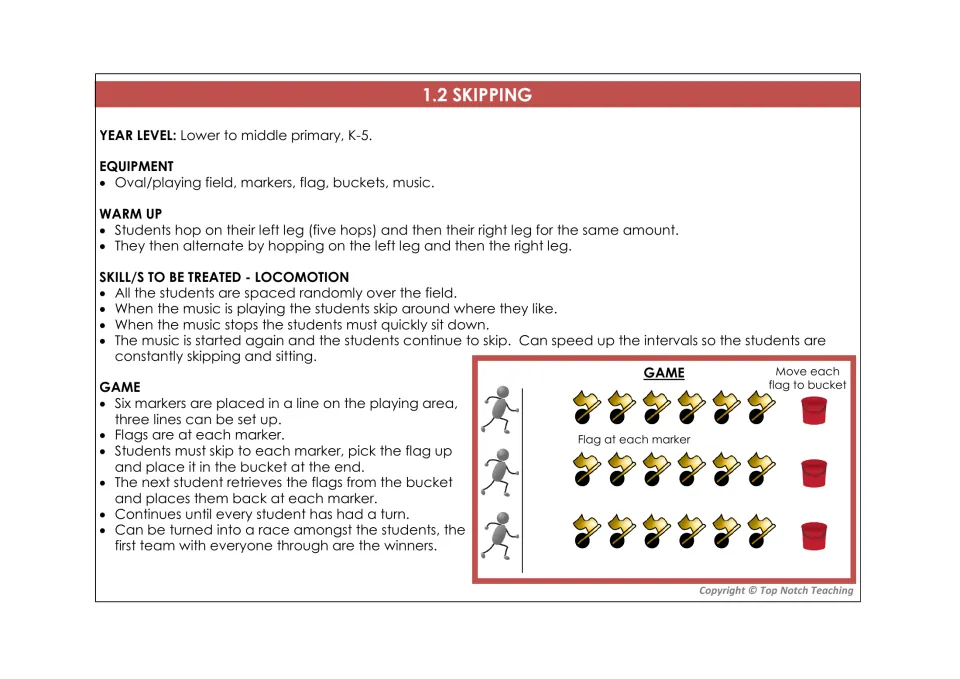 Skipping lesson card includes hopping warm-ups, skipping to music, and a game moving flags into buckets