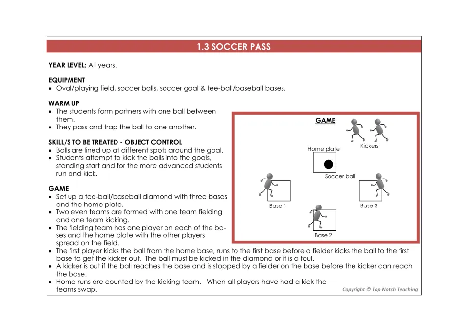 Soccer pass lesson card includes partner passing, goal-kicking practice, and a kicking game on a baseball diamond