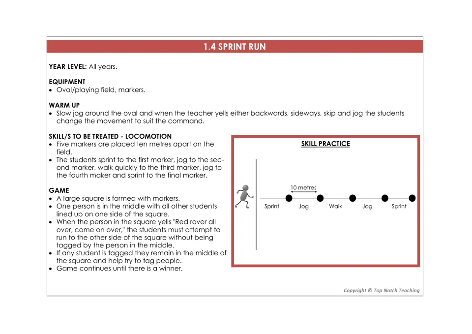 Sprint run lesson card includes a movement warm-up, sprint-jog-walk practice, and a Red Rover tagging game
