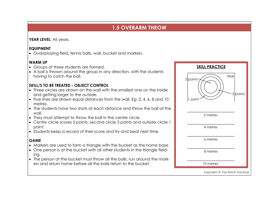 Overarm throw lesson card includes group catching, scored target throws, and a throwing-and-running game