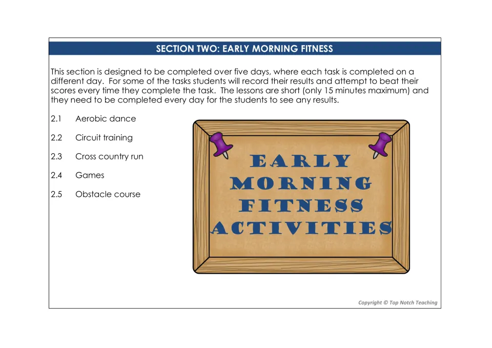Early morning fitness introduction lists aerobic dance, circuit training, cross-country run, games, and obstacles