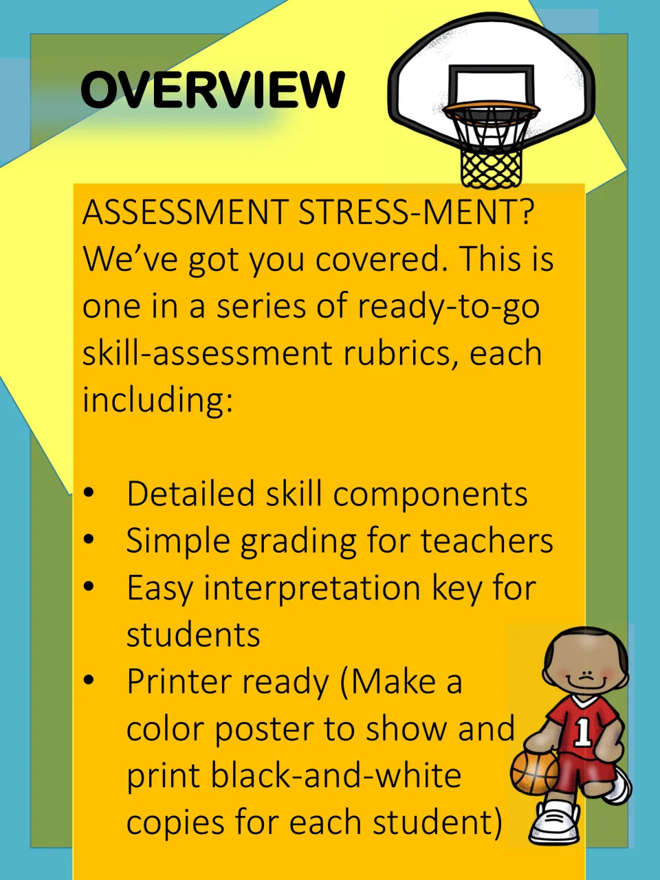 Overview of the skill-assessment rubrics: skill components, teacher grading, a student key and printable color posters