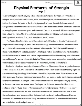 Physical Features of Georgia Reading Packet – sample page 2