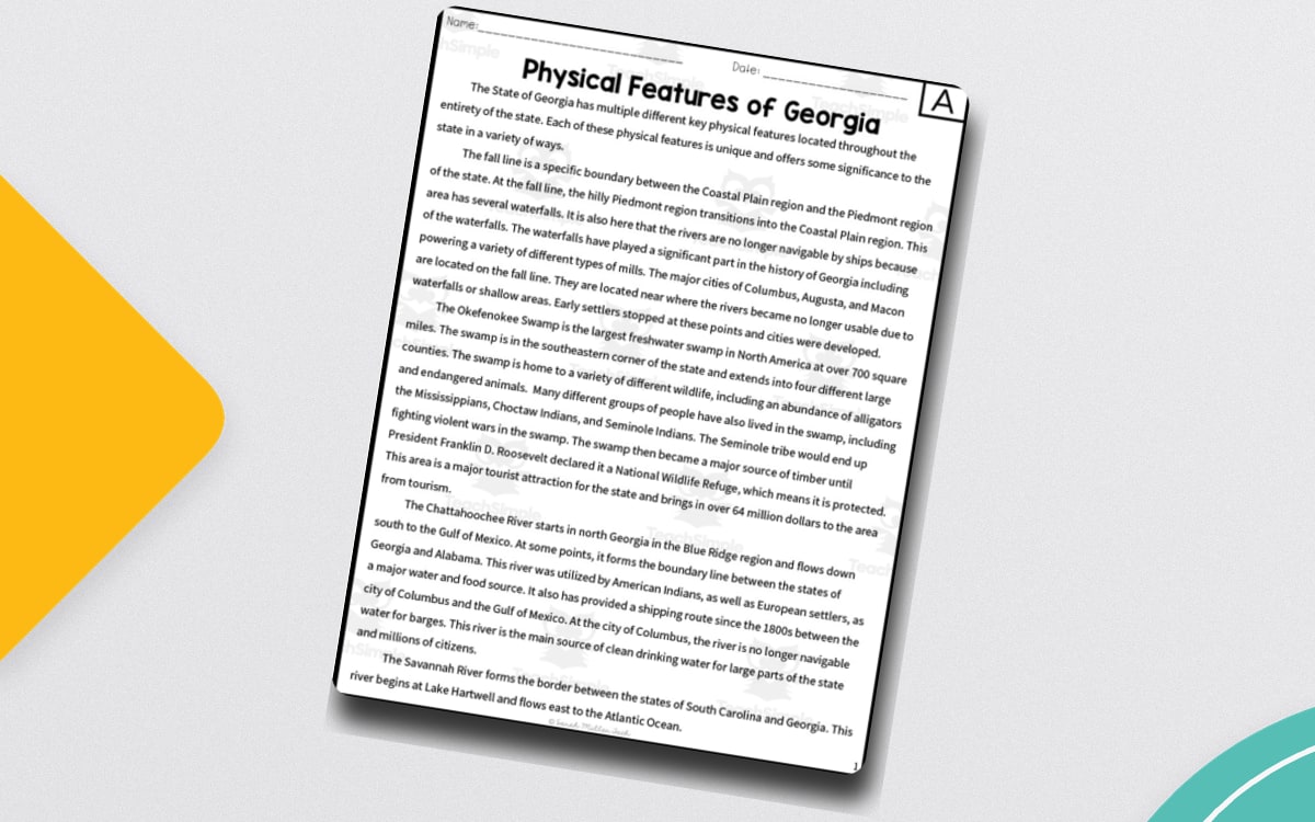 Physical Features of Georgia first image with a full informational passage headed Physical Features of Georgia