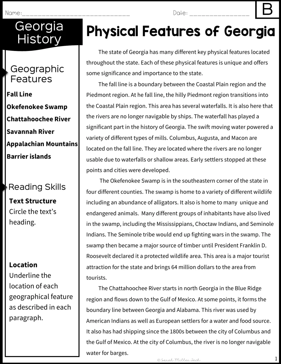 Version B passage with side prompts: students circle the heading and underline where each landform is located