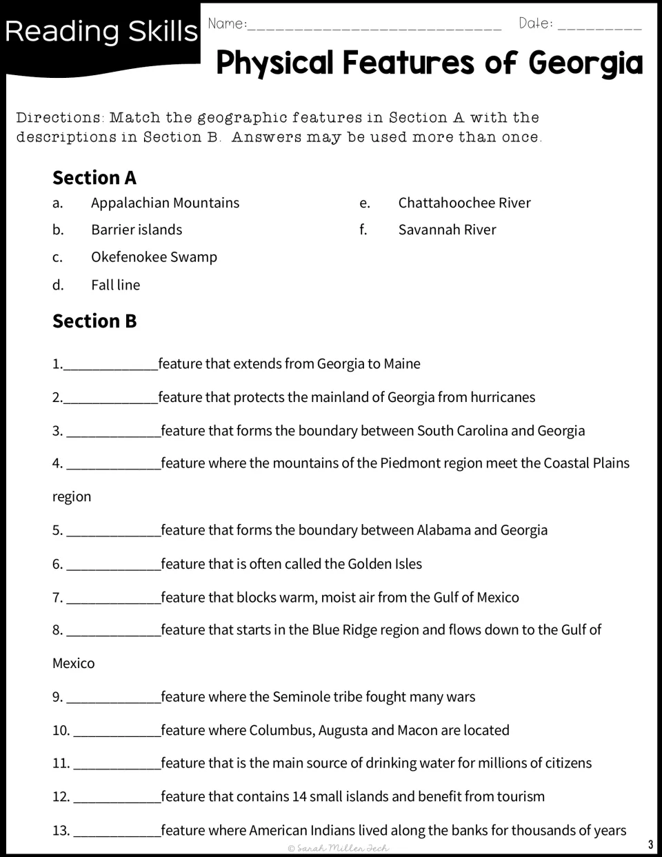Matching exercise: students pair six landforms, such as the fall line and Savannah River, with 13 descriptions
