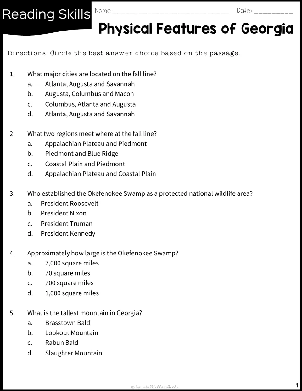 Multiple-choice comprehension questions 1 to 5 on fall-line cities, the Okefenokee Swamp's size and Brasstown Bald