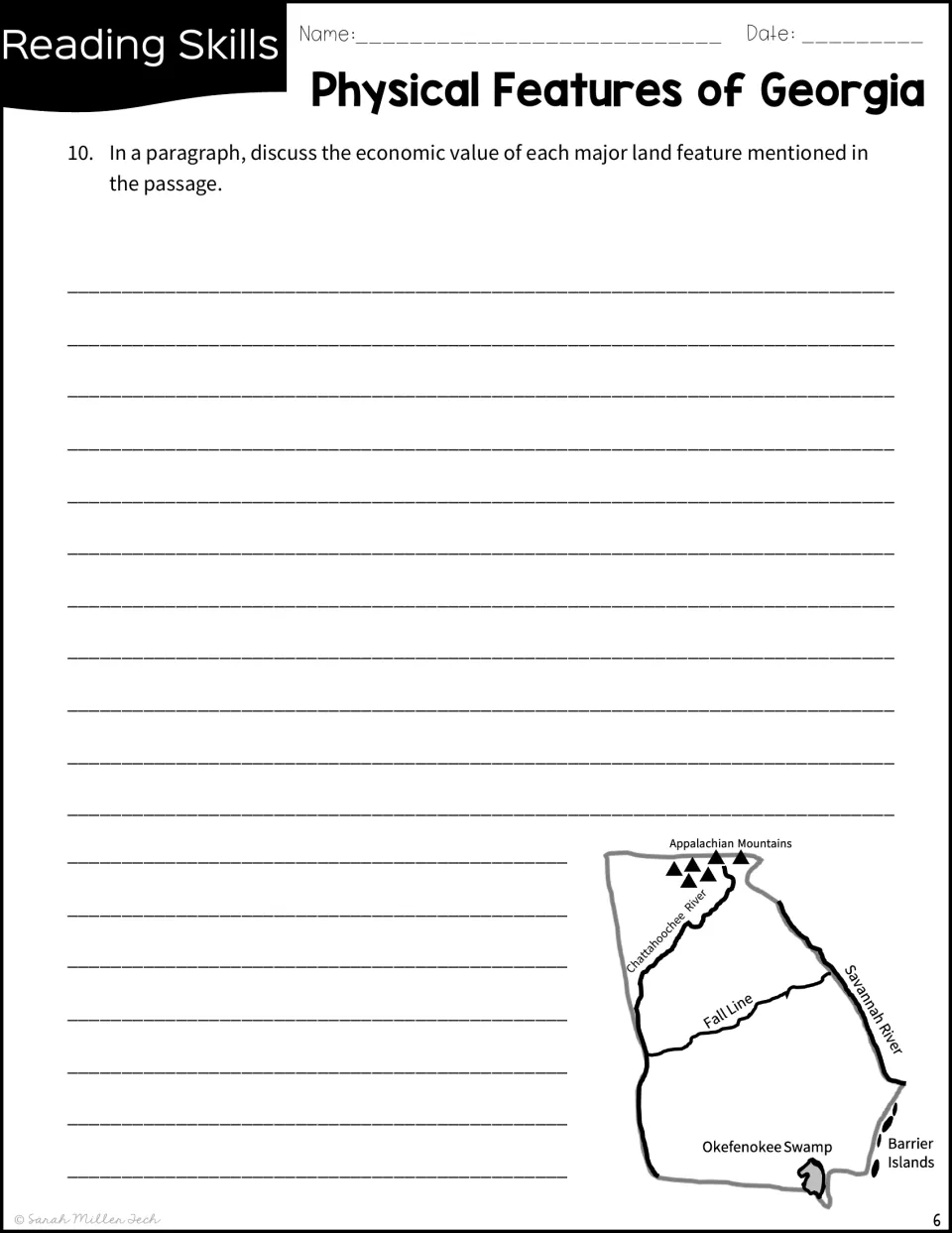 Question 10 writing prompt: students explain the economic value of each major land feature, with an outline map of Georgia